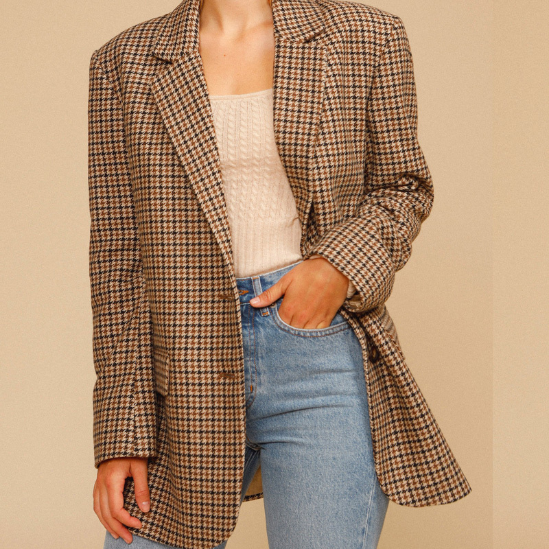 French Reformation Suit New Vintage Houndstooth Woolen Silhouette Plaid Wool Suit Jacket for Women