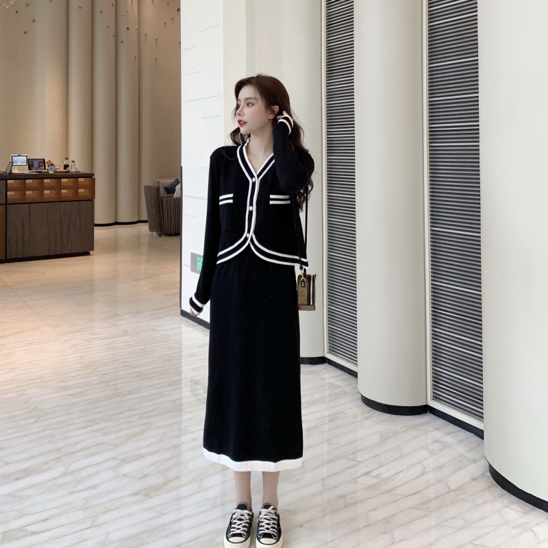 VK旗艦店 韓國學院風撞色針織套裝長袖裙裝