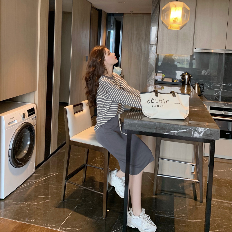 VK旗艦店 韓國風條紋圓領針織衫套裝長袖裙裝