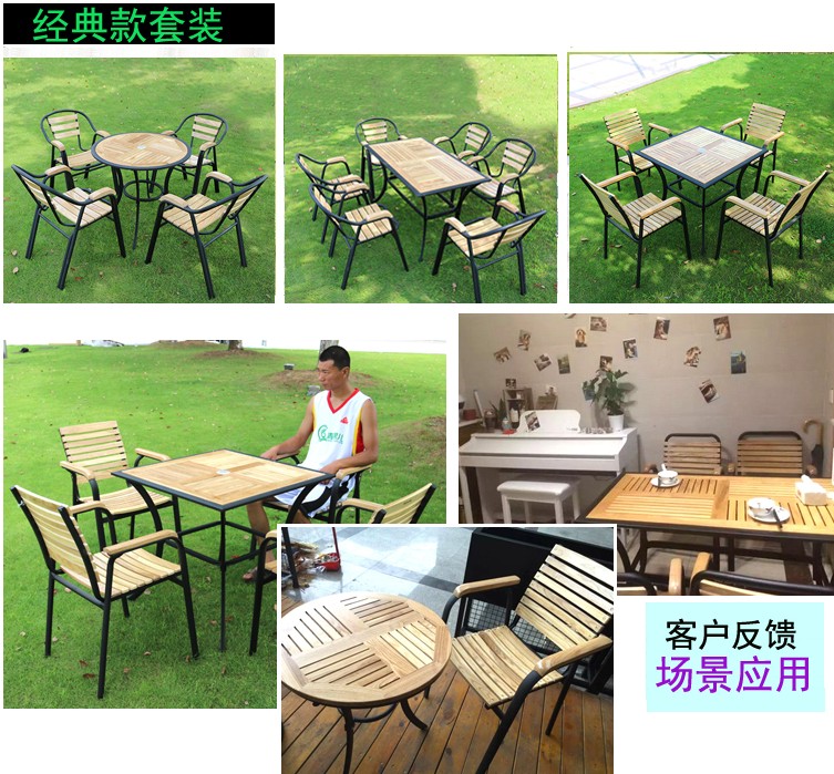 Giải trí ngoài trời sắt rèn rắn bàn ghế gỗ sân gỗ tếch bàn ghế mặt trời ban công kết hợp bộ bàn ghế cafe ghế băng ngoài trời