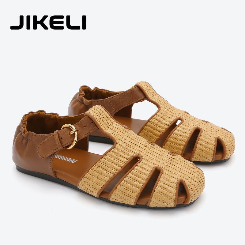 Jikeli Summer New Woven Roman Sandals for Women, Hollow Breathable Flat-Soled Slip-On Comfortable Versatile Clogs