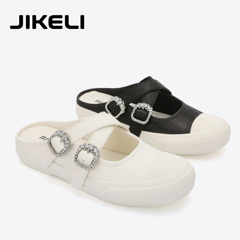 Jikeli Rhinestone Buckle Closed-Toe Mules for Women, Summer Genuine Leather Mary Jane Shoes, Flat Half-Mules, Fashionable Versatile Slippers