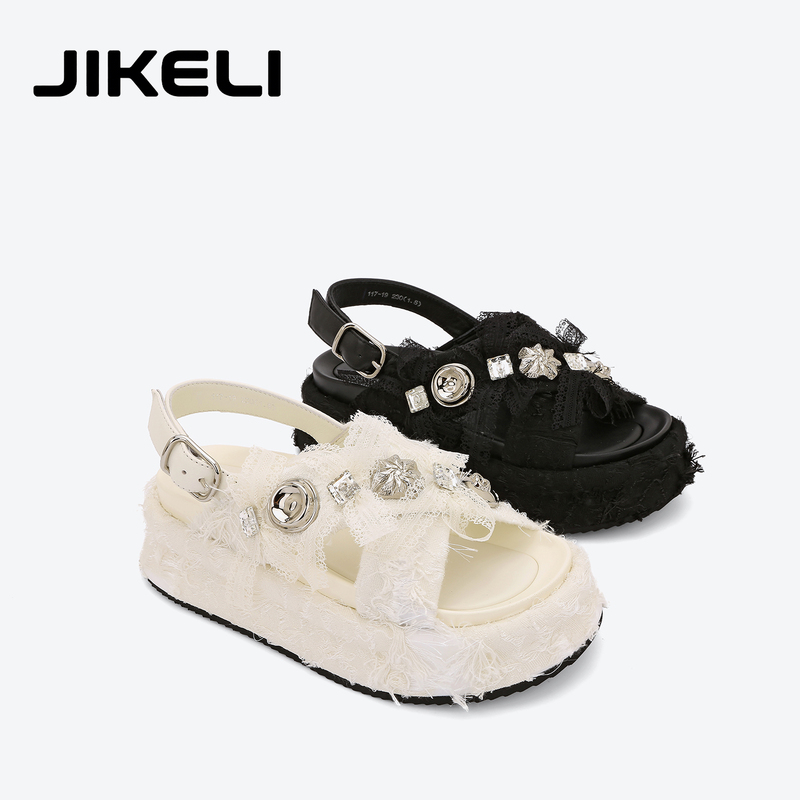 Jikeli Genuine Leather Thick-Soled Height-Increasing Beach Sandals for Women, Summer Casual Sports Rhinestone Bow Tassel Roman Shoes