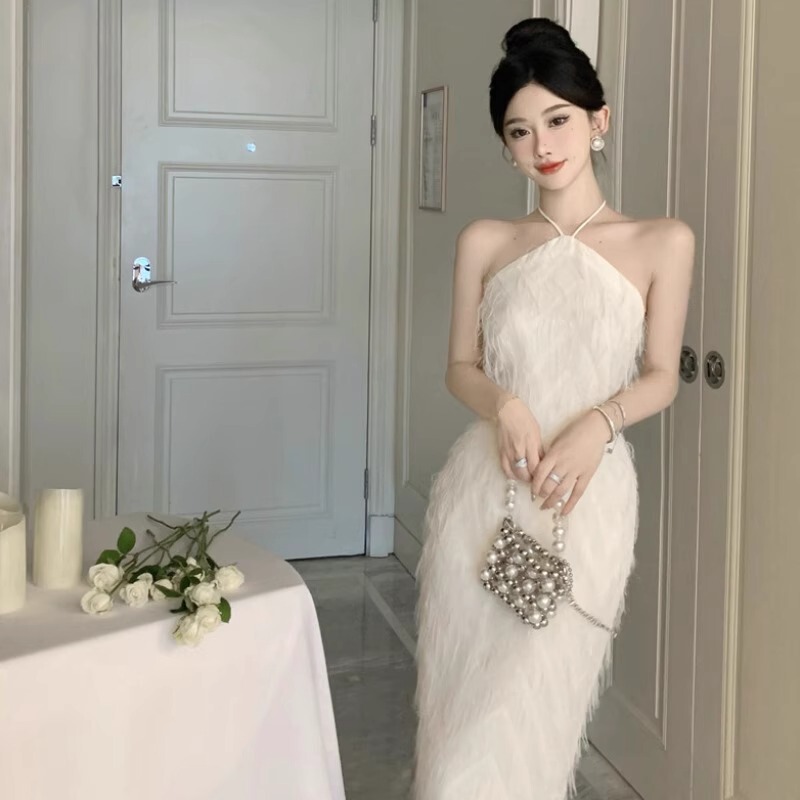 French-Style Backless Tassel Halter Neck Slip Dress for Women, Summer Elegant High-End Sexy Engagement, Marriage Registration, Birthday Evening Dress French-Style Backless Tassel Halter Neck Slip Dress for Women, Summer Elegant High-End Sexy Engagement, Marriage Registration, Birthday Evening Dress