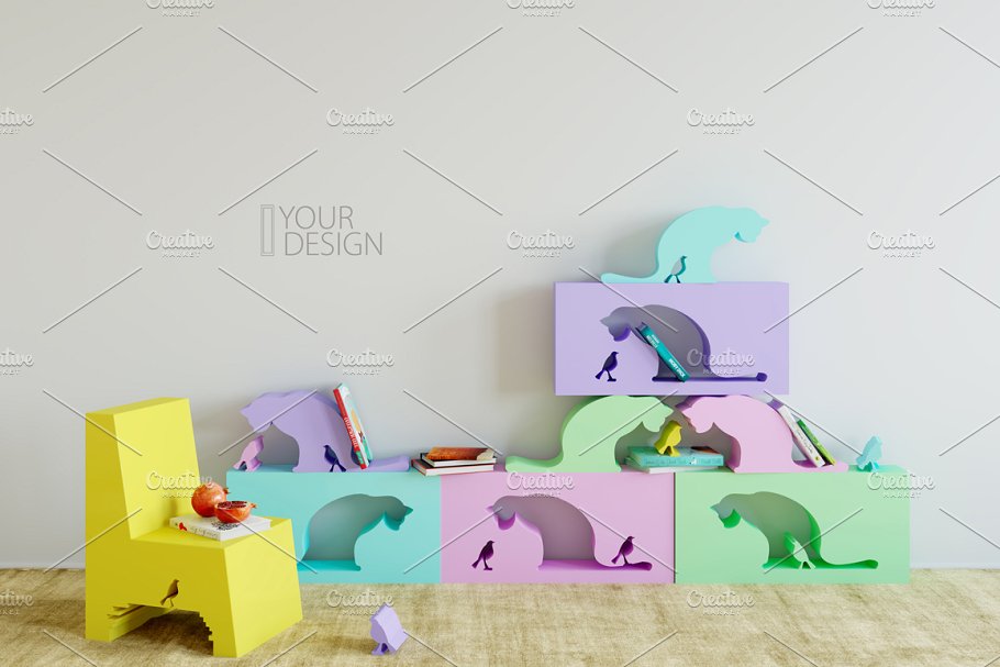 小孩房间设计样机和素材包 Kids Interior Wall & fr<x>ames Mockup设计素材模板