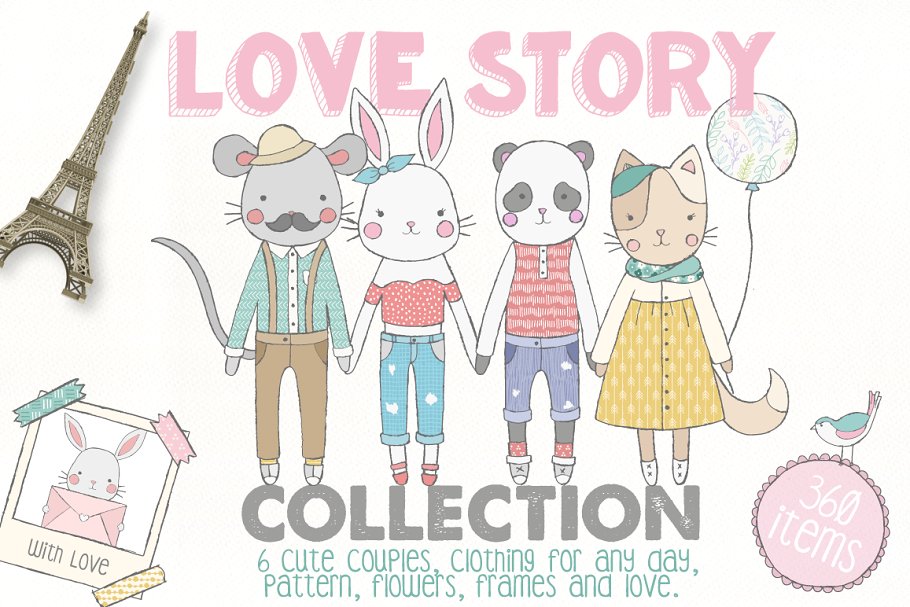 可爱的故事动物水彩合集 Love Story Collection Creator Pro设计素材模板