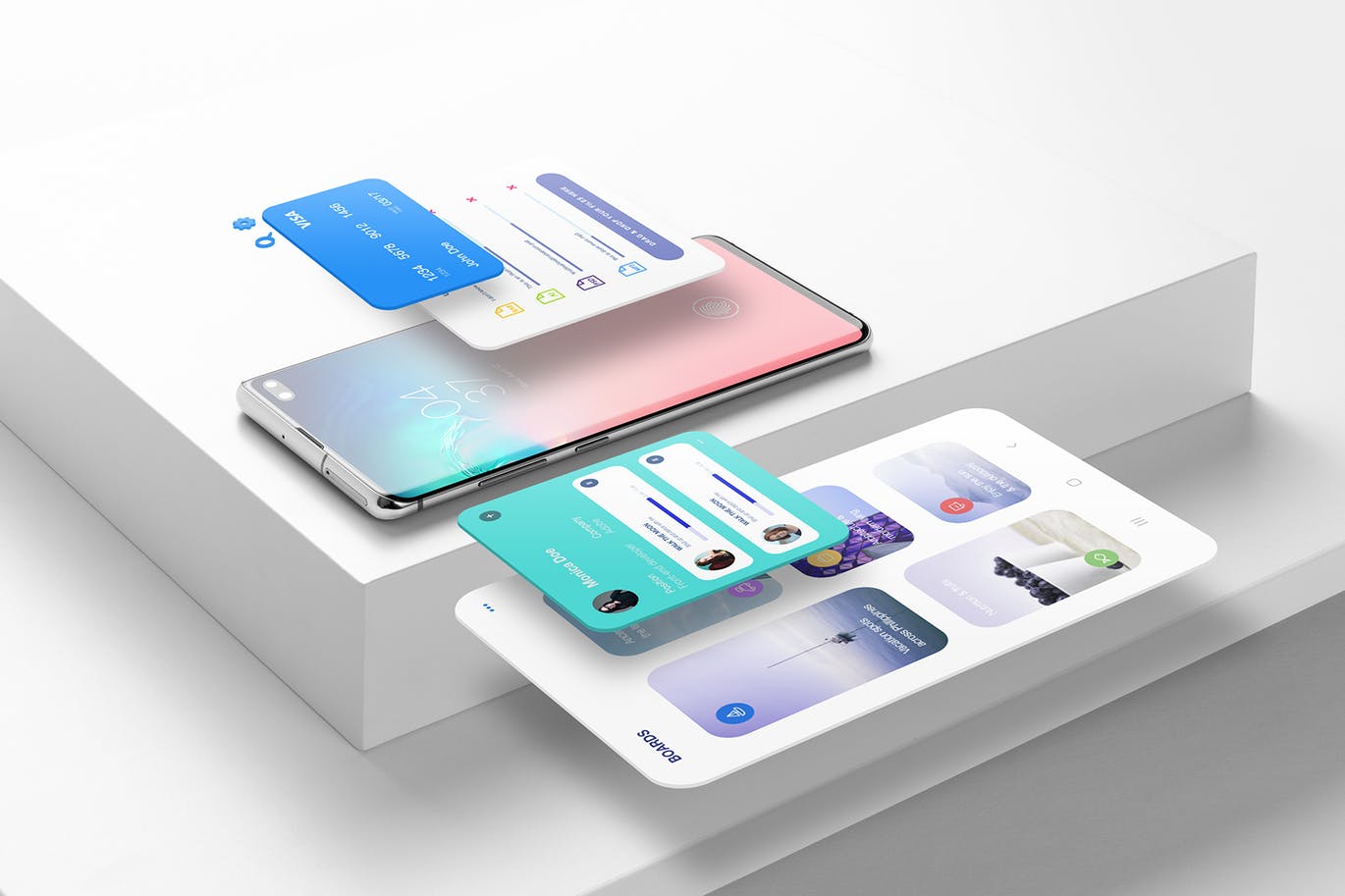 APP UI样机时尚高端3D立体Android智能手机样机三星Galaxy S10 +悬浮屏幕效果展示模型mockups设计素材模板