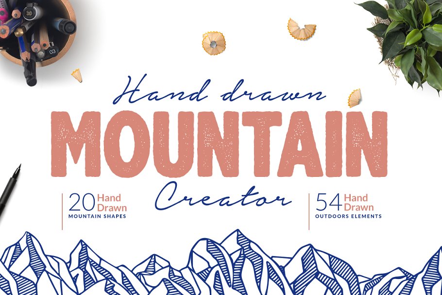 logo设计手绘平面素材模板 Hand Drawn Mountain Creator Kit设计素材模板