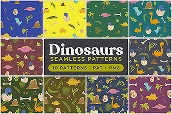 可爱恐龙手绘无缝图案背景素材 Cute Dinosaurs Seamless Patterns