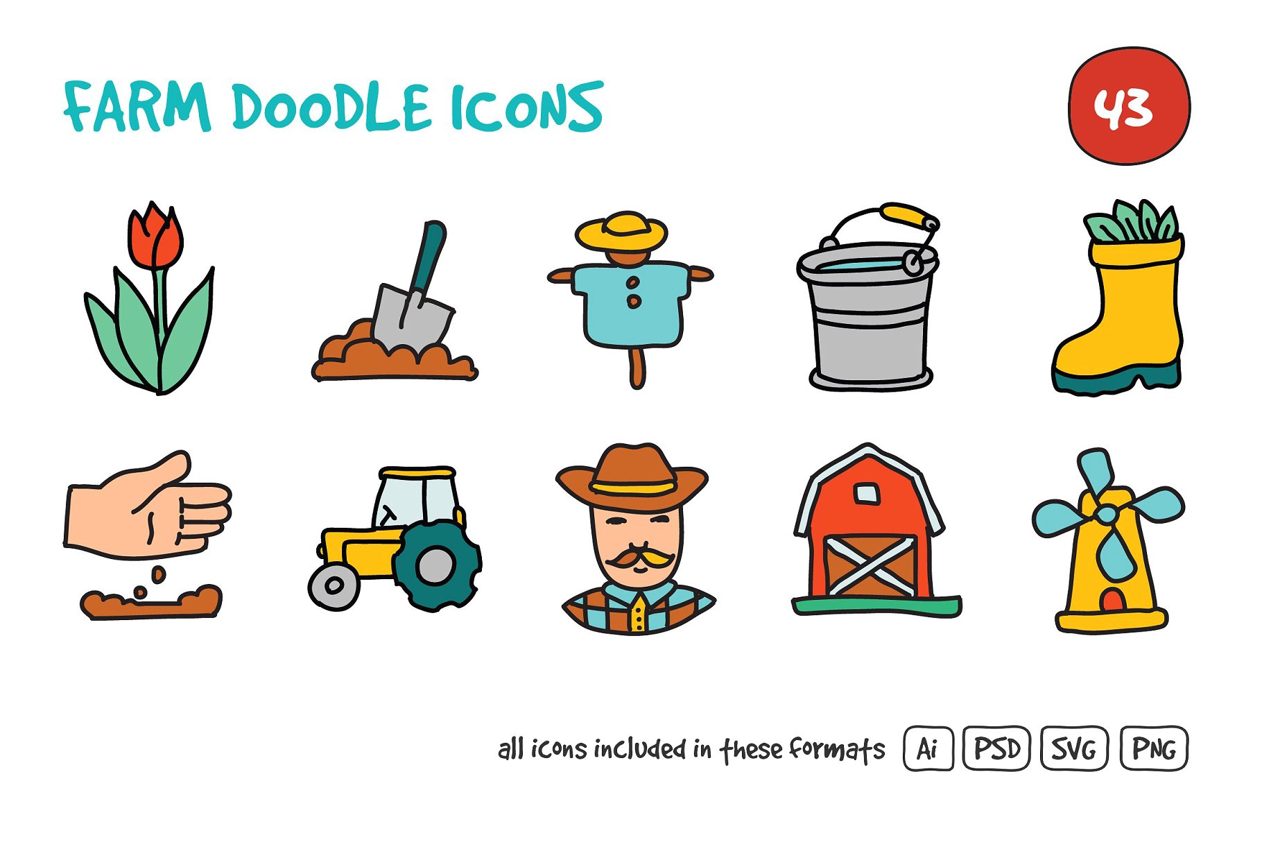 农场涂鸦图标素材集 Farm Doodle Icons Set设计素材模板