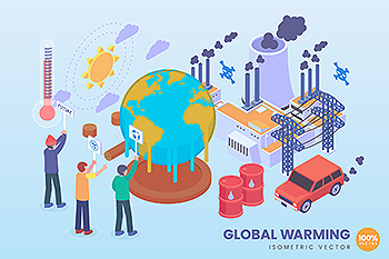 全球气温变暖主题等距矢量概念插画 Isometric Global Warming Vector Concept