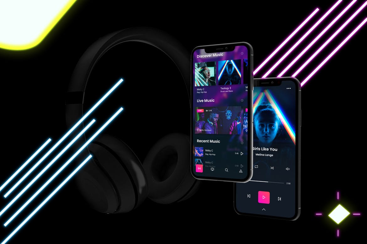 霓虹灯音乐场景效果的 iPhone XS 手机样机下载[PSD]设计素材模板