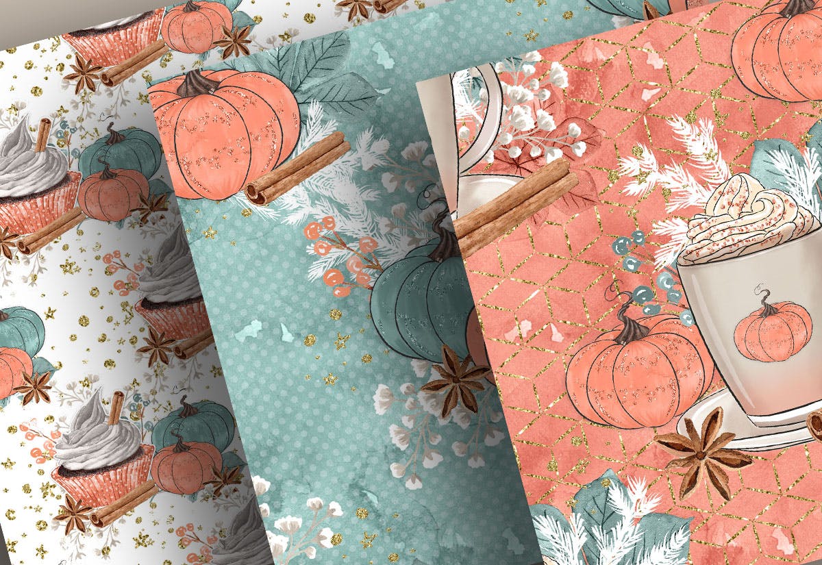 南瓜&拿铁水彩手绘图案设计素材 Pumpkin Latte digital paper pack设计素材模板