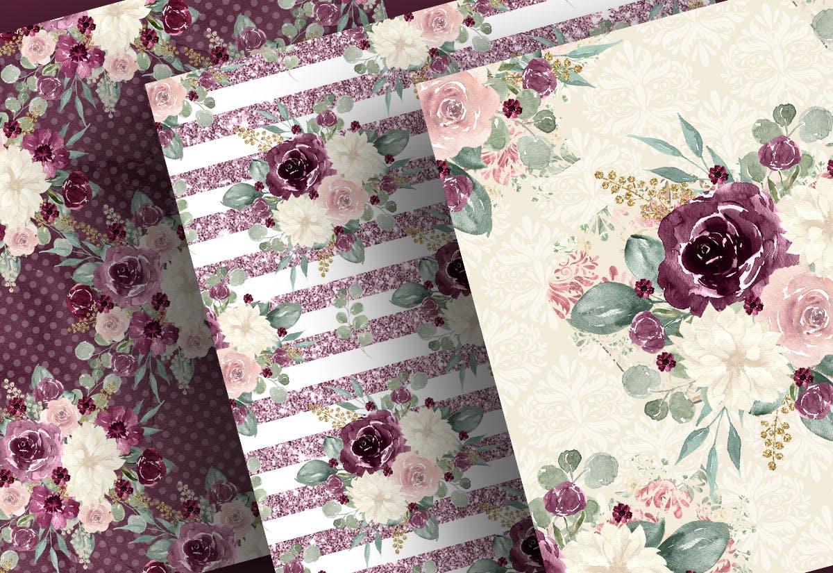 紫红色&金色水彩手绘花卉图案数码纸张设计素材 Watercolor Plum and Gold digital paper pack设计素材模板