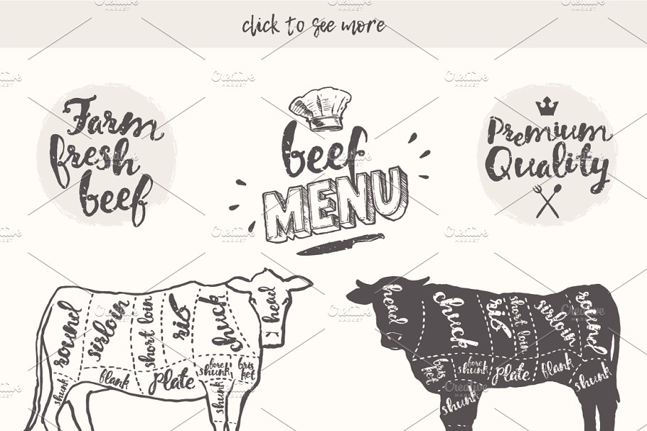 插图绘画奶牛素描 Design elements for a beef menu设计素材模板