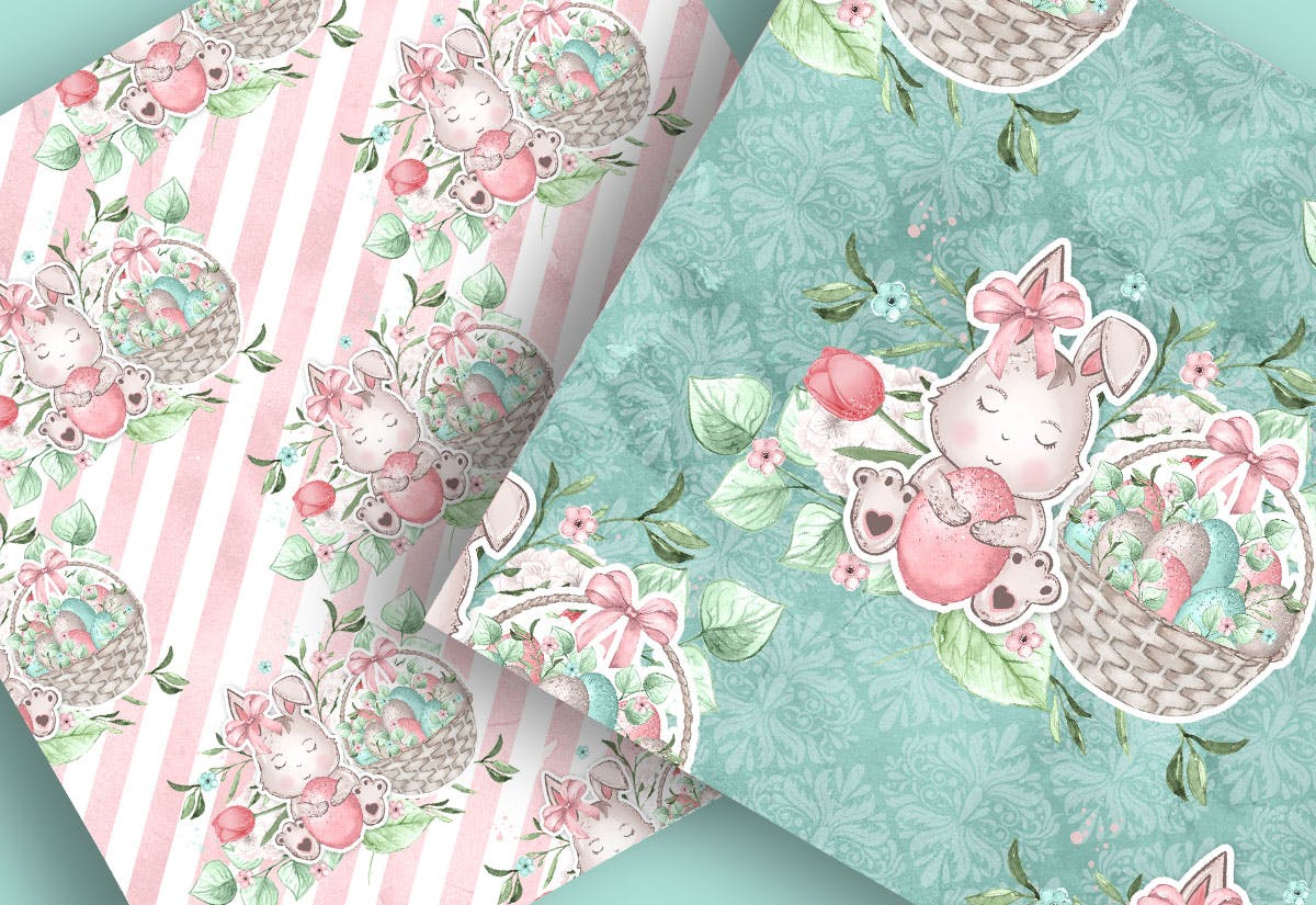 甜蜜风格复活节兔子手绘图案数码纸背景素材 Sweet Easter Bunny digital paper pack设计素材模板