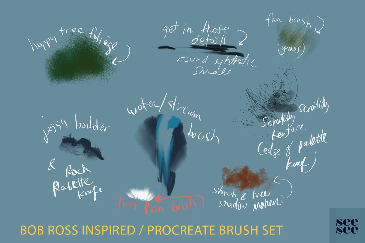 Procreate笔刷下载 Bob Ross Inspired Procreate Brushes设计素材模板