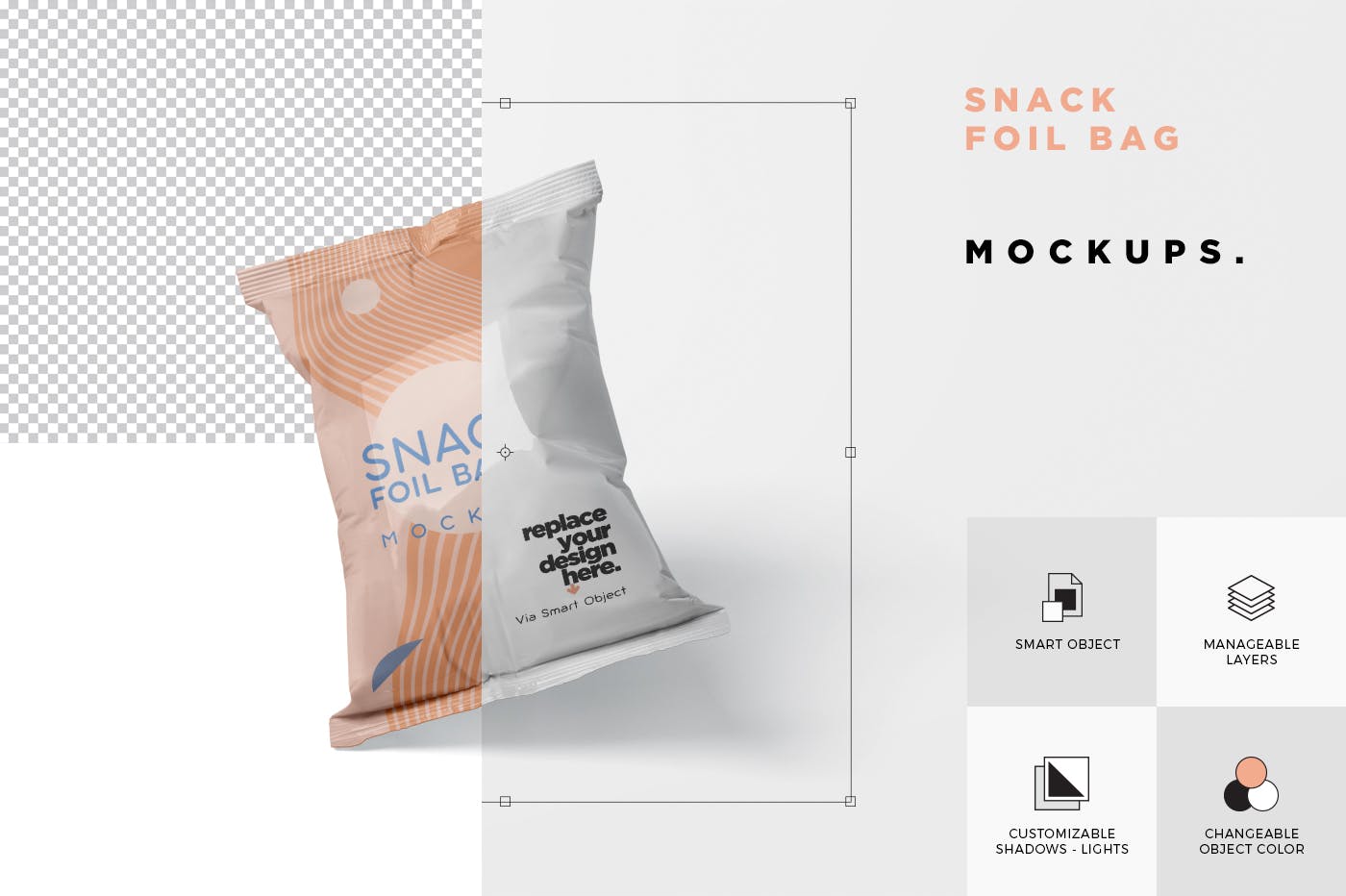 小吃零食铝箔袋/塑料包装袋设计图样机 Snack Foil Bag Mockup – Plastic设计素材模板