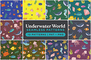 海底世界海底动物主题手绘图案无缝背景素材 Underwater World Seamless Patterns