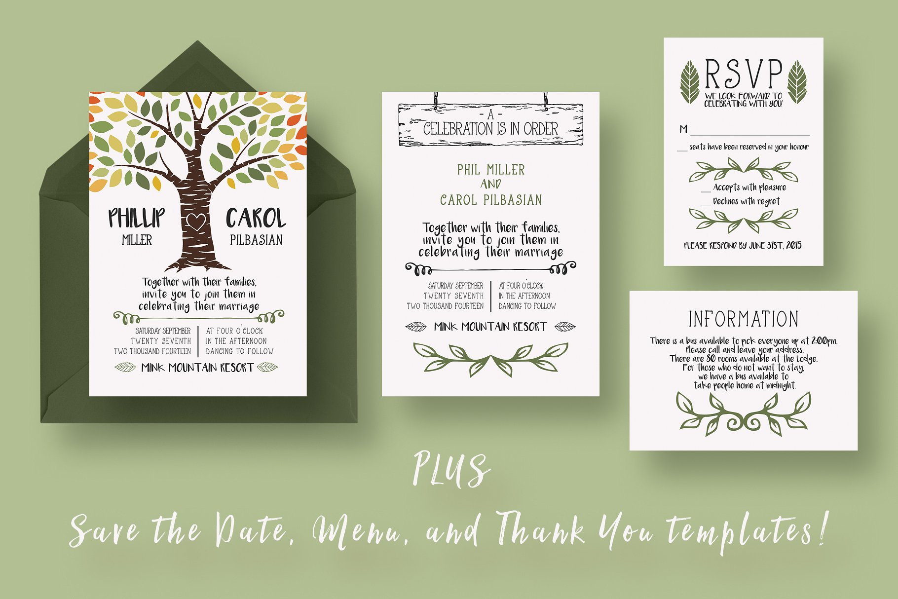 邀请函植物婚礼模板 Rustic Tree Wedding Suite设计素材模板