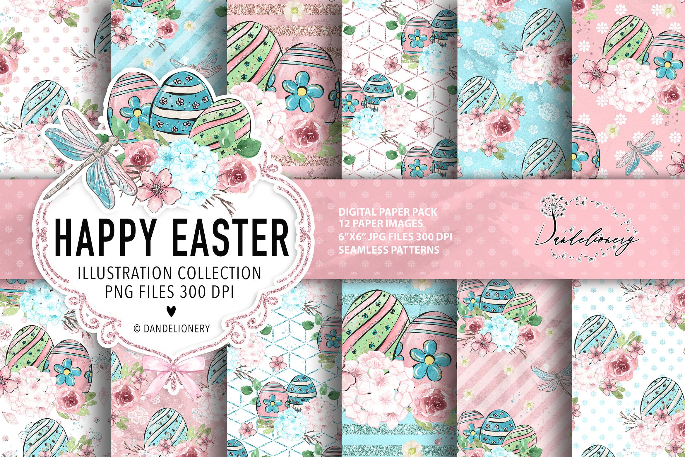 复活节蜻蜓水彩手绘数码纸张图案设计背景素材 Happy Easter dragonfly digital paper pack设计素材模板