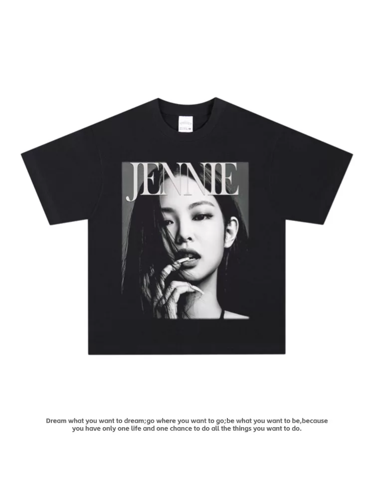 Футболка Jennie BLACKPINK, фанаты поддерживают чистый хлопок, уличный ретро американский стиль, с длинным и коротким рукавом, тренд
