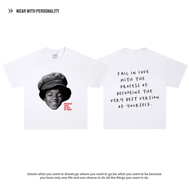 Michael Jackson Childhood Photo American-Style Short-Sleeve T-Shirt Heavy Weight Loose Small Neckline