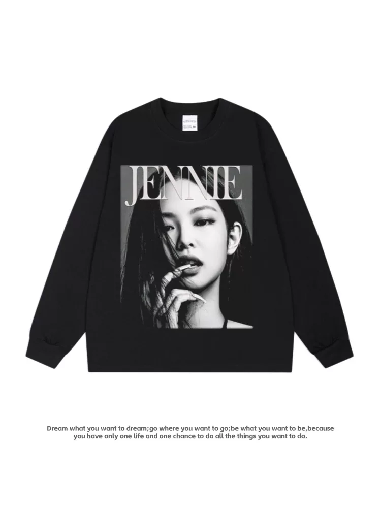 Футболка Jennie BLACKPINK, фанаты поддерживают чистый хлопок, уличный ретро американский стиль, с длинным и коротким рукавом, тренд
