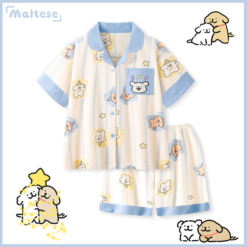 Line Art Dog Couple Pajamas for Women, Summer Pure Cotton Short Sleeve, Cute Student Plus Size Fat mm 100kg Homewear Set