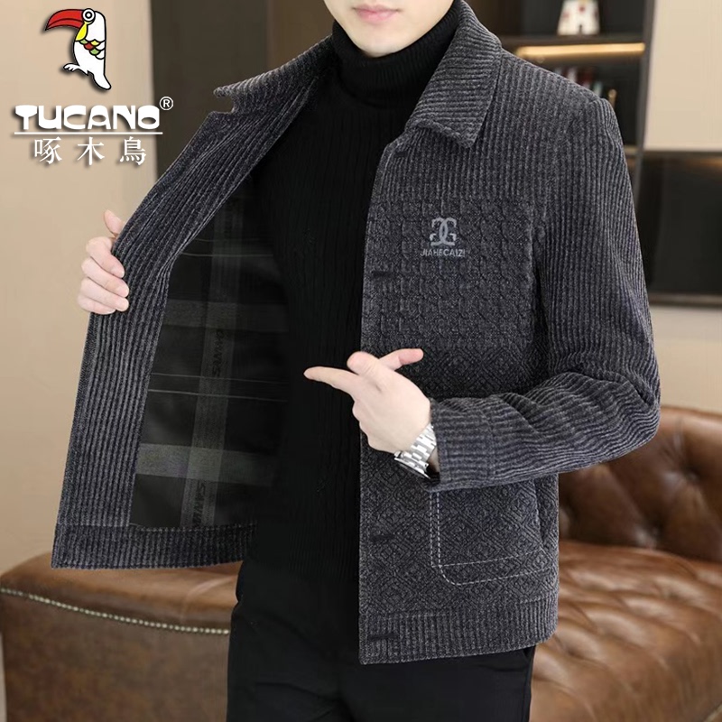 Woodpecker Winter Fleece-Lined Thick Woolen Jacket for Men, Trendy High-End Cool Casual Warm Woolen Coat
