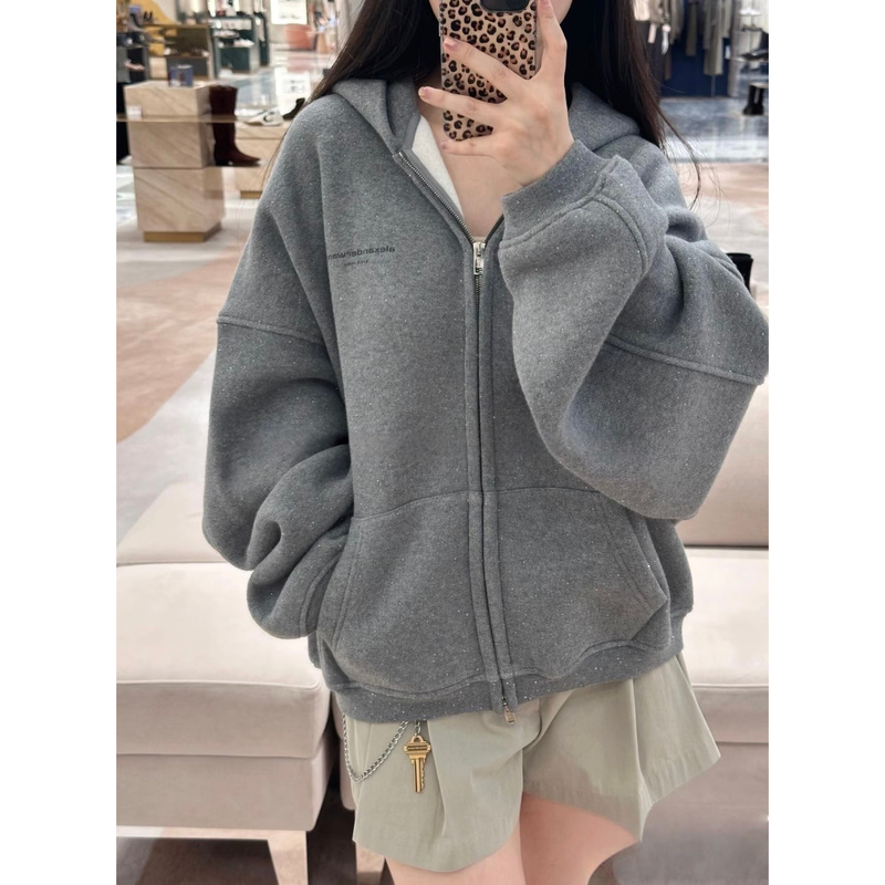 Dawang Chunyuan Rhinestone Brushed Ultra-Thick Hooded Pullover Cardigan Jacket