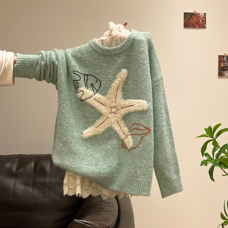 Autumn and Winter Outfit: Starfish Thick Knit Sweater Jacket for Women with Lace Hem Design, Inner Layer Base Shirt Top