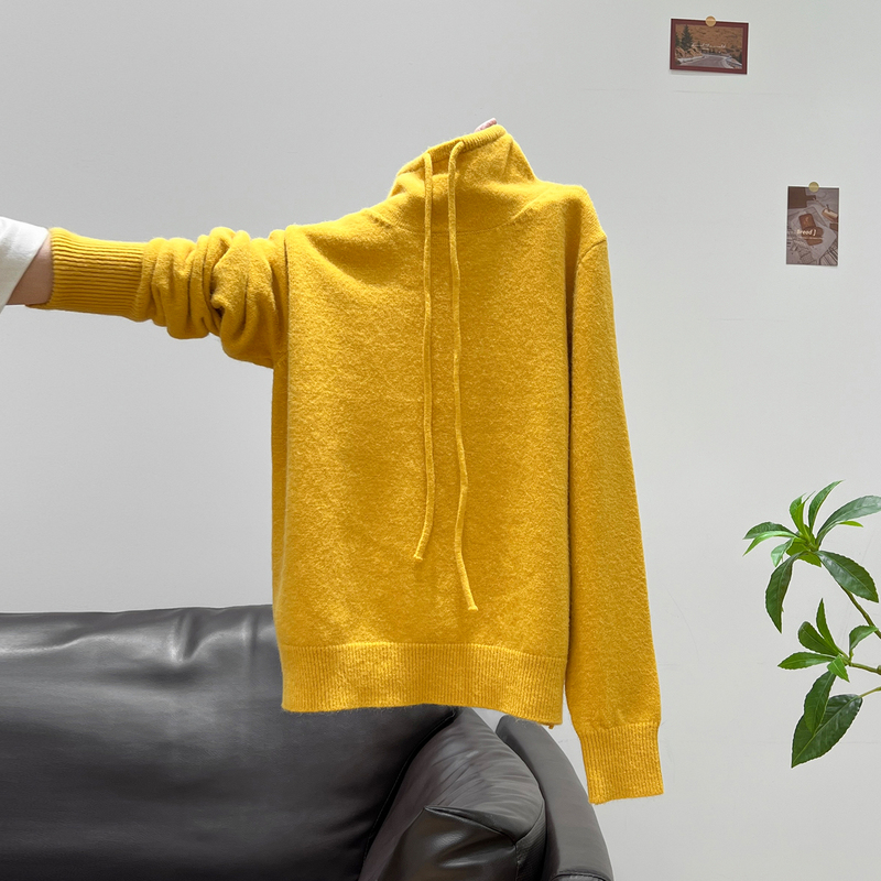 Yellow Lace-Up Turtleneck Pullover Thickened Loose Sweater for Women 2025 Autumn and Winter New Style Lazy Knit Base Shirt Top