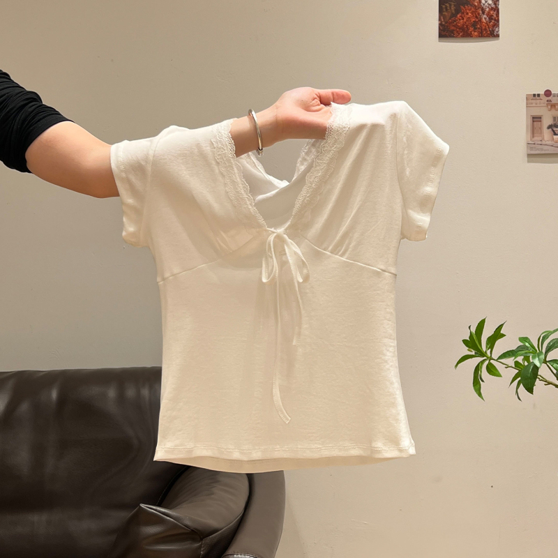 White Pure Lace V-Neck Tie Short-Sleeve T-Shirt for Women, 2026 Summer New Slim-Fit Regular Shoulder Short Top