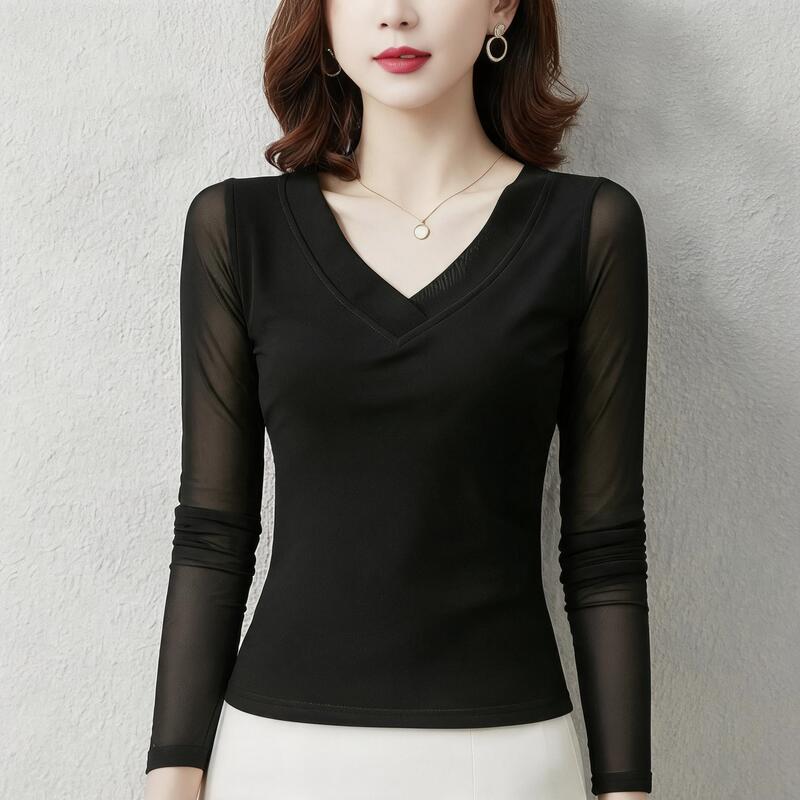 Mesh Black Lace Long-Sleeve T-Shirt, New Spring and Autumn Fashion, Simple and Stylish, Slim Fit, V-Neck Top for Women Mesh Black Lace Long-Sleeve T-Shirt, New Spring and Autumn Fashion, Simple and Stylish, Slim Fit, V-Neck Top for Women