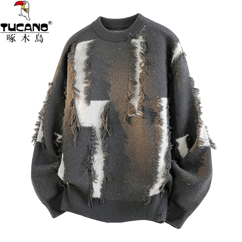 Woodpecker Fringed Patchwork Knit Sweater for Men, Autumn and Winter Vintage Tassel Design, Loose Trendy Pullover Sweater for Boys Woodpecker Fringed Patchwork Knit Sweater for Men, Autumn and Winter Vintage Tassel Design, Loose Trendy Pullover Sweater for Boys