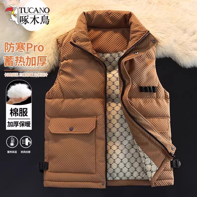 Woodpecker Brand Men's Stand-Up Collar Cotton Vest for Autumn and Winter, Thickened and Warm, Suitable for Outerwear, Large Size, for Young and Middle-Aged Men Woodpecker Brand Men's Stand-Up Collar Cotton Vest for Autumn and Winter, Thickened and Warm, Suitable for Outerwear, Large Size, for Young and Middle-Aged Men