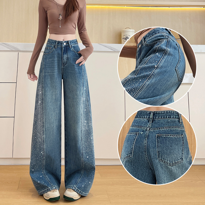 Wide-Leg Jeans with Rhinestones on Both Sides for Women, Spring and Autumn 2026 New Fashion, Loose and Stylish, Super Popular High-End Straight-Leg Pants