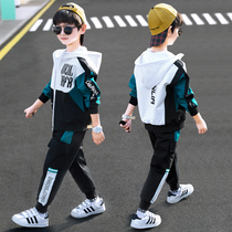 Boys spring and autumn jacket suit hooded 2022 new trendy handsome two-piece suit big boy trousers jacket