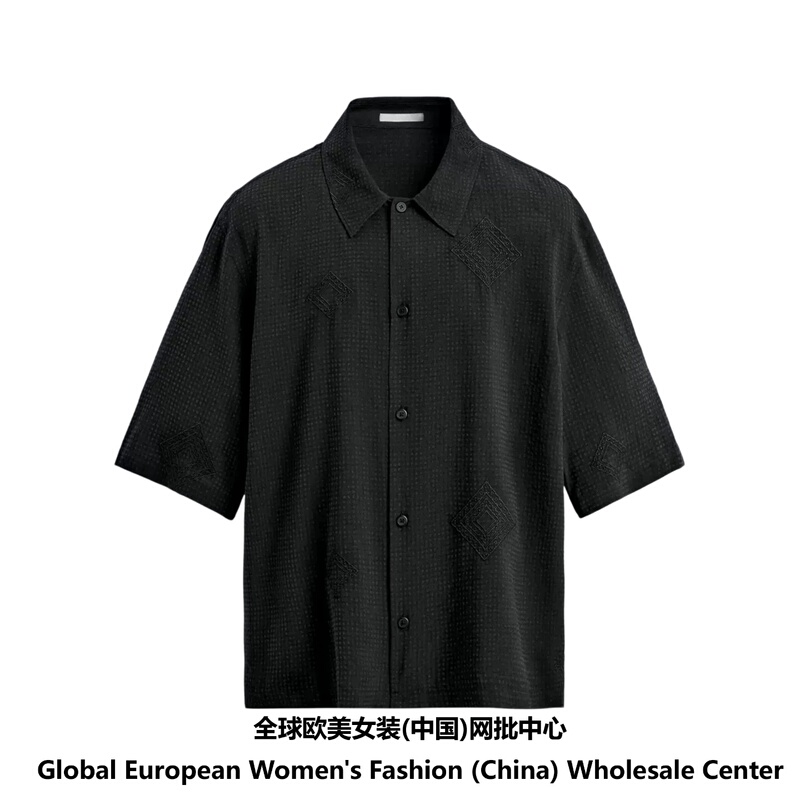 2026 Autumn New Men's Thin Textured Loose Geometric Pattern Lapel Short Sleeve Embroidered Shirt 4587488