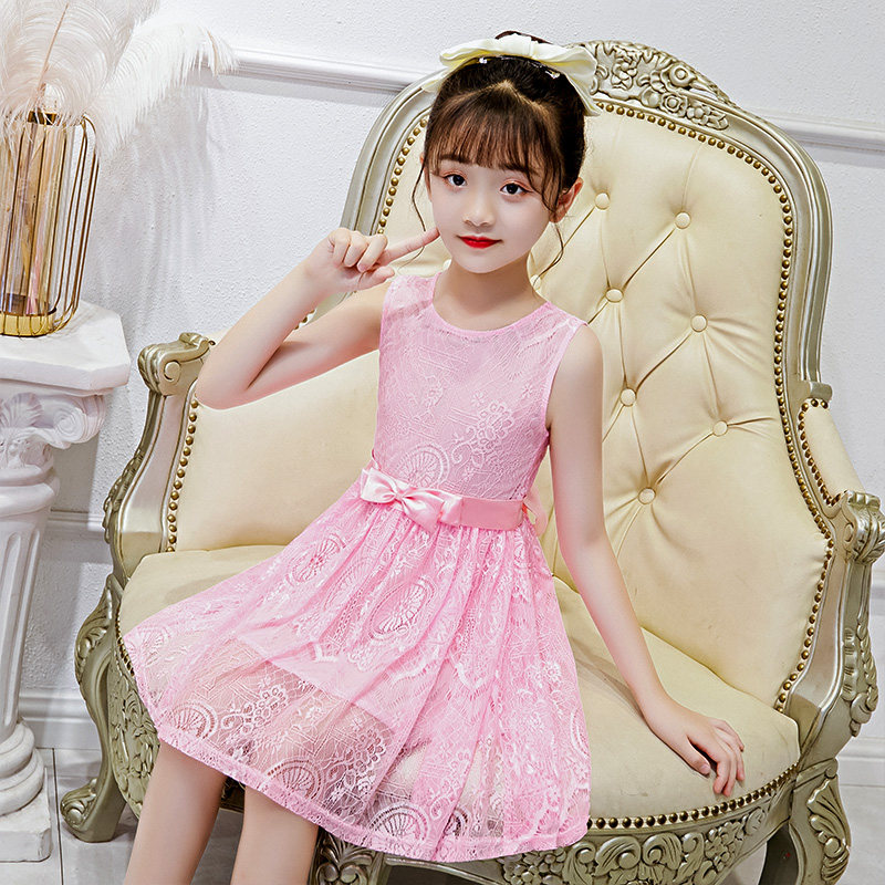 Girl Ocean Dress Summer Dress 2022 New Foreign Pie Girl Lace Princess Dress Summer Child Butterfly Knot Vest Dress