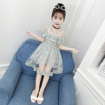 Girls summer dress 2021 new Korean version of the Western style leaky shoulder childrens skirt Chiffon girl summer princess dress