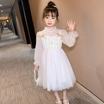 Girls dress for dress spring autumn clothing 2022 new ocean gas little girl shoulder strap mesh yarn dress child little fragrant princess dress