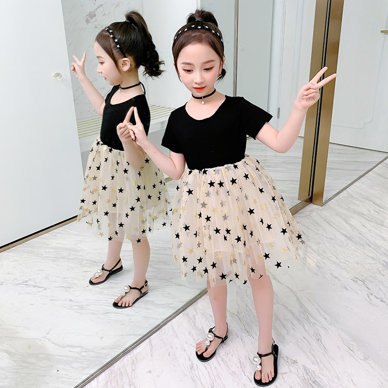 Girls black dress summer dress 2022 new children's ruffle skirt Western style big children's long and short sleeve princess dress
