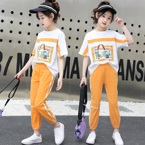 Hong Kong thin Girls summer Suit 2021 new Western style childrens short-sleeved sports two-piece set of childrens clothing