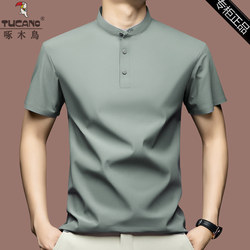 Woodpecker Ice Silk Stand-Up Collar Short-Sleeved T-Shirt Men's Summer New Style Pure Color Seamless Polo Shirt for Young and Middle-Aged People