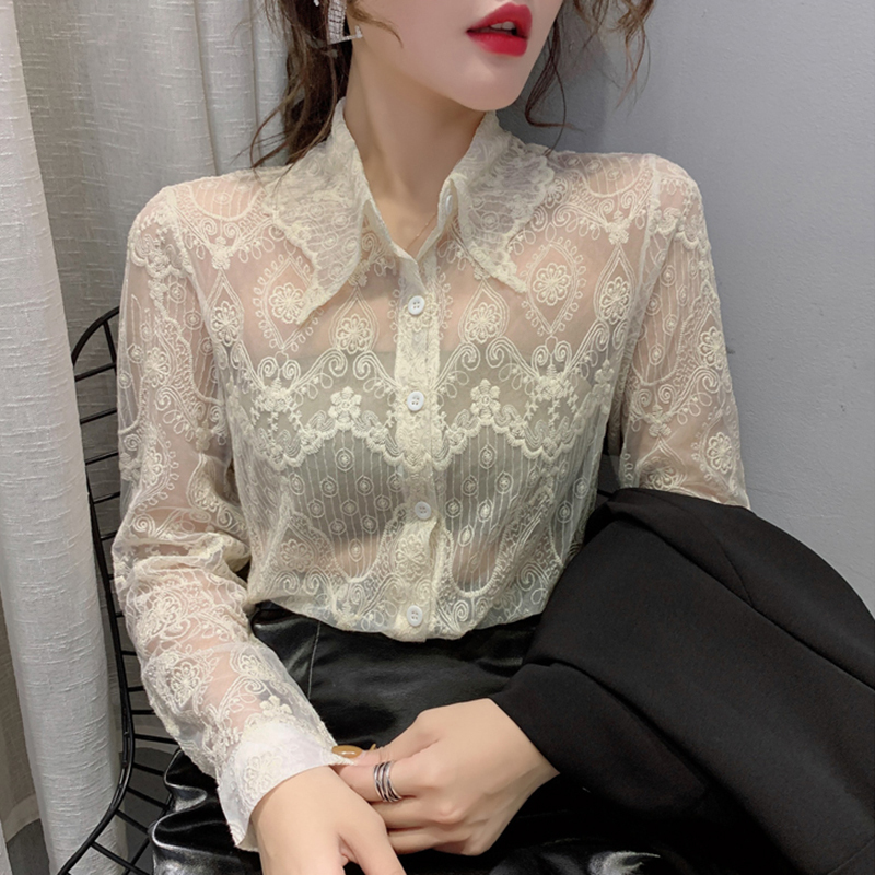 Chiffon Shirt for Women, Long-Sleeved Lace See-Through Sexy Cardigan Top, Autumn and Winter 2024 New Style, Elegant Slim-Fit Base Shirt