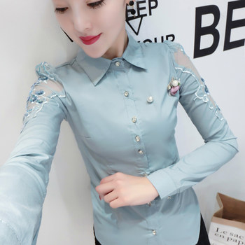 European station 2020 autumn and winter new shirt women's fashion all-match lace hollow top beaded long-sleeved bottoming shirt
