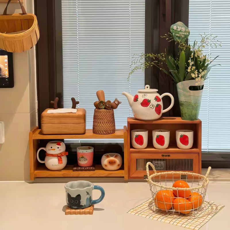 Solid Wood Kitchen Multi-Functional Countertop Storage Rack Corner Cabinet Multi-Layer Coffee Cup Storage Rack Desktop Miscellaneous Organizer