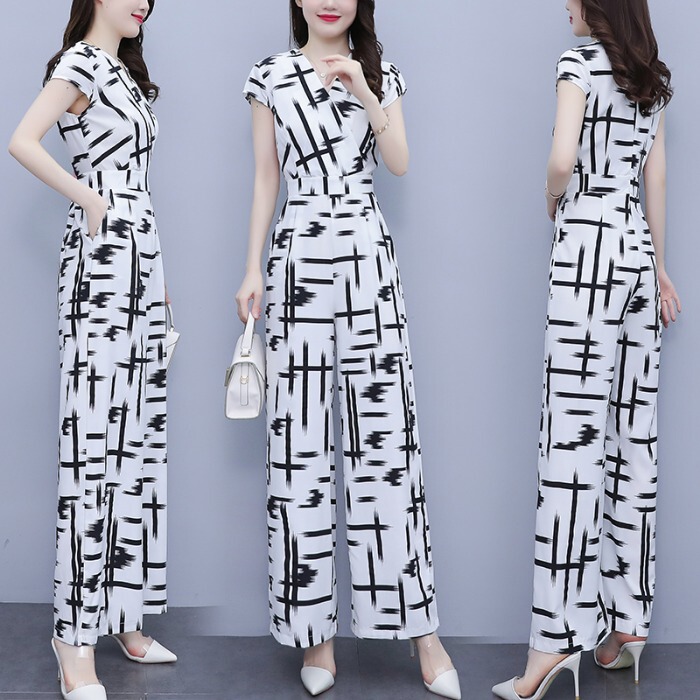 High-End Imitation Silk Printed V-Neck Jumpsuit for Women, 2025 New Summer Chiffon Elegant One-Piece Suit with Long Pants High-End Imitation Silk Printed V-Neck Jumpsuit for Women, 2025 New Summer Chiffon Elegant One-Piece Suit with Long Pants